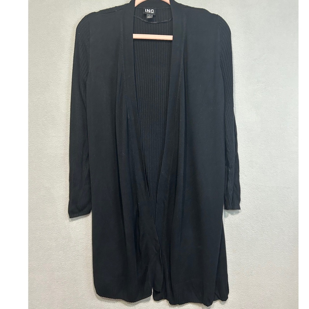Inc Open Front Cardigan Womens Large Black Ribbed Longline Open Front Duster